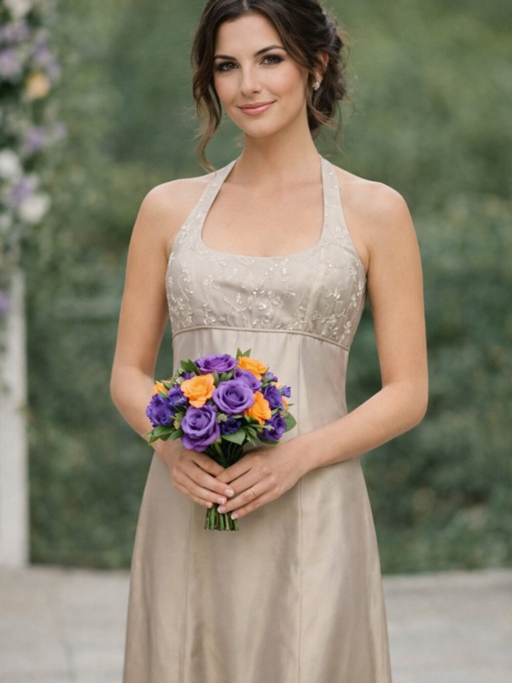 Beige with purple iridescent sheen empire waist halter sleeveless long Gown
